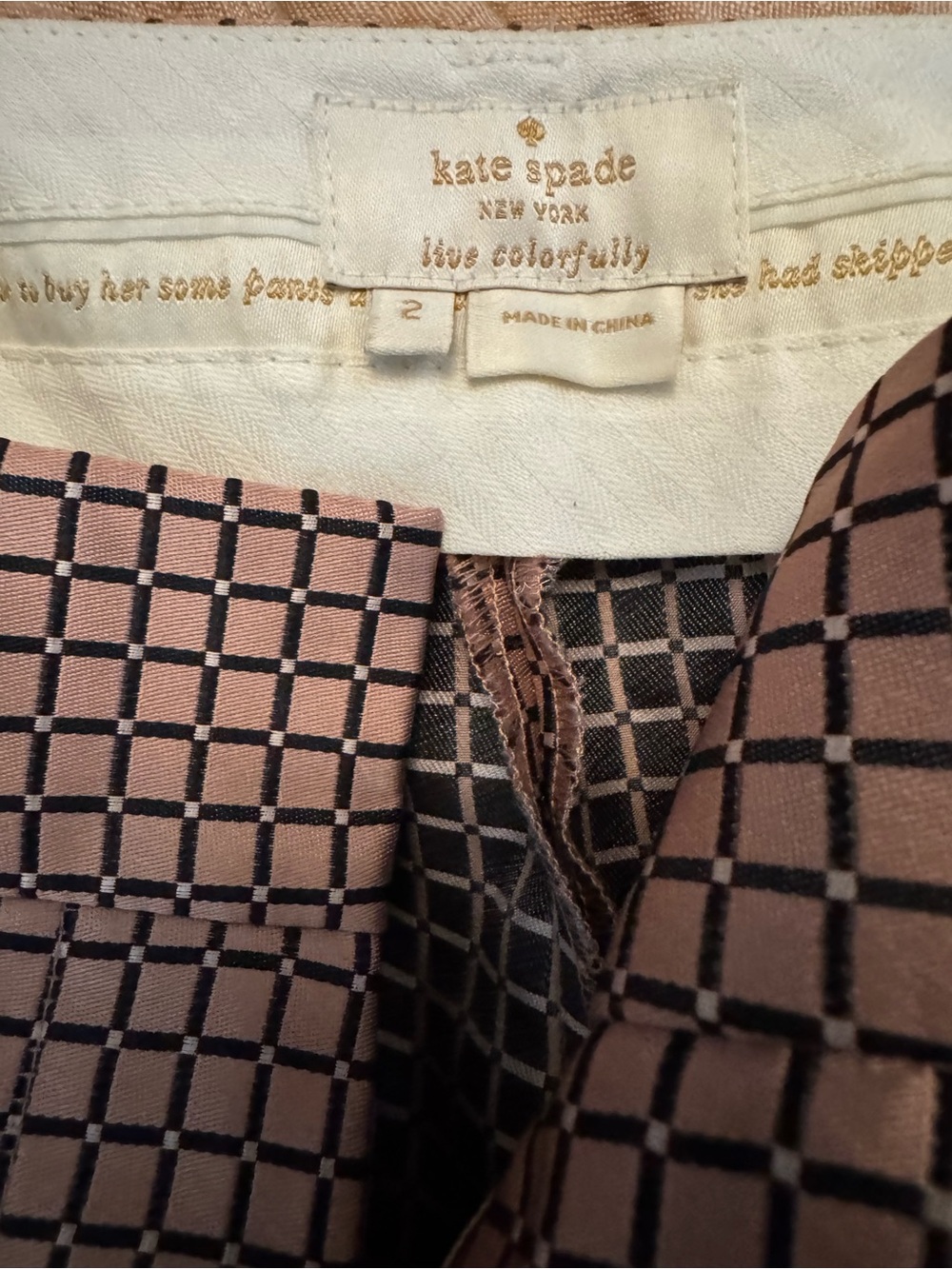 kate spade shiny blush pink and black checked slim fit dress pants
